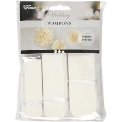 Pompon van papier, d 20+24+30 cm, 16 gr, wit, 3 stuk/ 1 doos