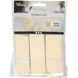 Pompon van papier, d 20+24+30 cm, 16 gr, off-white, 3 stuk/ 1 doos