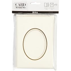 Passepartout kaarten , ovaal met gouden rand, afmeting kaart 10,5x15 cm, afmeting envelop 11,5x16,5 cm, off-white, 10 set/ 1 doos