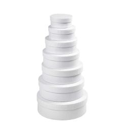 Ronde dozen, H: 4+4,5+5+5,5+6+6,5+7 cm, d 8,5+10,5+12,5+14,5+16,5+18,5+21,5 cm, wit, 7 stuk/ 1 set