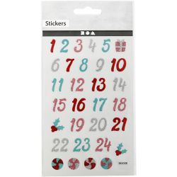 Glitter stickers, advent cijfers, vel 10x16 cm, 1 vel