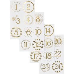 Kerstkalender cijfer stickers, d 40 mm, vel 9x14 cm, goud, wit, 4 vel/ 1 doos