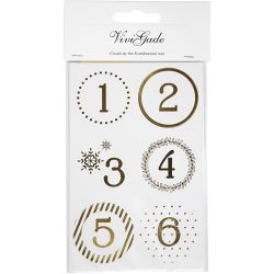 Kerstkalender cijfer stickers, d 40 mm, vel 9x14 cm, goud, wit, 4 vel/ 1 doos