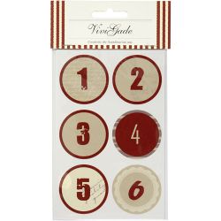 Kerstkalender cijfer stickers, d 4 cm, vel 9x14 cm, 4 div vellen/ 1 doos