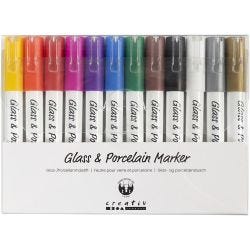 Glas- & Porseleinstiften, lijndikte 1-2 mm, semi-dekkend, diverse kleuren, 12 stuk/ 1 doos