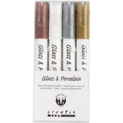 Glas- & Porseleinstiften, lijndikte 1-2 mm, semi-dekkend, bruin, goud, zilver, wit, 4 stuk/ 1 doos