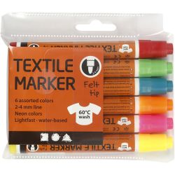 Textielstiften, lijndikte 2-4 mm, neon kleuren, 6 stuk/ 1 doos