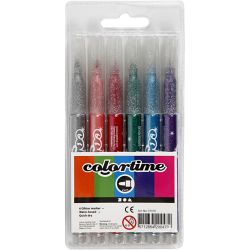 Colortime Glitterstiften, lijndikte 2 mm, diverse kleuren, 6 stuk/ 1 doos