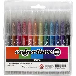 Colortime Glitterstiften, lijndikte 2 mm, diverse kleuren, 12 stuk/ 1 doos