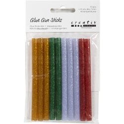 Lijmstiften Mini, L: 10 cm, d 7 mm, glitter, goud, groen, rood, zilver, 10 stuk/ 1 doos