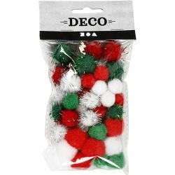 Pompons, d 15+20 mm, groen, rood, wit, 48 div/ 1 doos