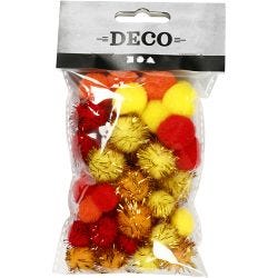 Pompons, d 15+20 mm, oranje, rood, geel, 48 div/ 1 doos