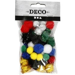 Pompons, d 15+20 mm, diverse kleuren, 48 div/ 1 doos