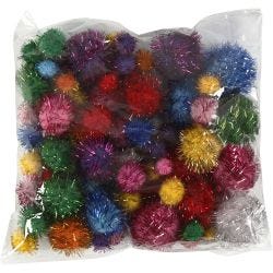 Pom-poms, d 15-40 mm, glitter, sterke kleuren, 62 gr/ 1 doos