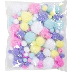 Pom-poms, d 15-40 mm, glitter, pastelkleuren, 62 gr/ 1 doos
