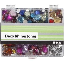 Strasstenen in display box, rond, sterren, harten, d 6+7+9+10+11+12+14+16 mm, blauw, roze, zilver, 300 stuk/ 1 doos