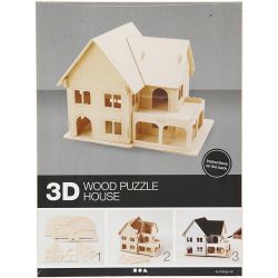 3D Houten Constructie Set, Huis met veranda, afm 22,5x16x17,5, 1 stuk