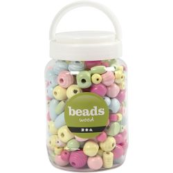 Houten kralen, d 10-15 mm, gatgrootte 3-5 mm, lichtblauw, lichtgroen, lichtrood, lichtgeel, 400 ml/ 1 emmer