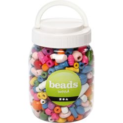 Houten kralen, afm 5-28 mm, gatgrootte 2,5-3 mm, diverse kleuren, 175 gr, 400 ml/ 1 emmer
