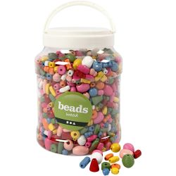 Houten kralen, afm 5-28 mm, gatgrootte 2,5-3 mm, diverse kleuren, 850 gr, 2 L/ 1 emmer