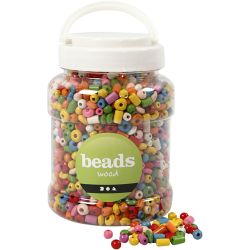 Houten kralen, d 5-8 mm, gatgrootte 1,5 mm, diverse kleuren, 175 gr, 400 ml/ 1 emmer