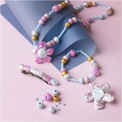 Mini Hobbyset Sieraden, Halsketting, armband, clips, broche, blauw, lichtblauw, pastel roze, 1 doos