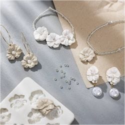 Mini Hobbyset Sieraden, Oorbellen, armband en halsketting met bloemontwerp, beige, licht beige, beige, 1 doos