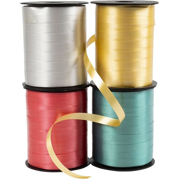 Cadeaulint, B: 10 mm, glossy, goud, groen, rood, zilver, 4x250 m/ 1 doos