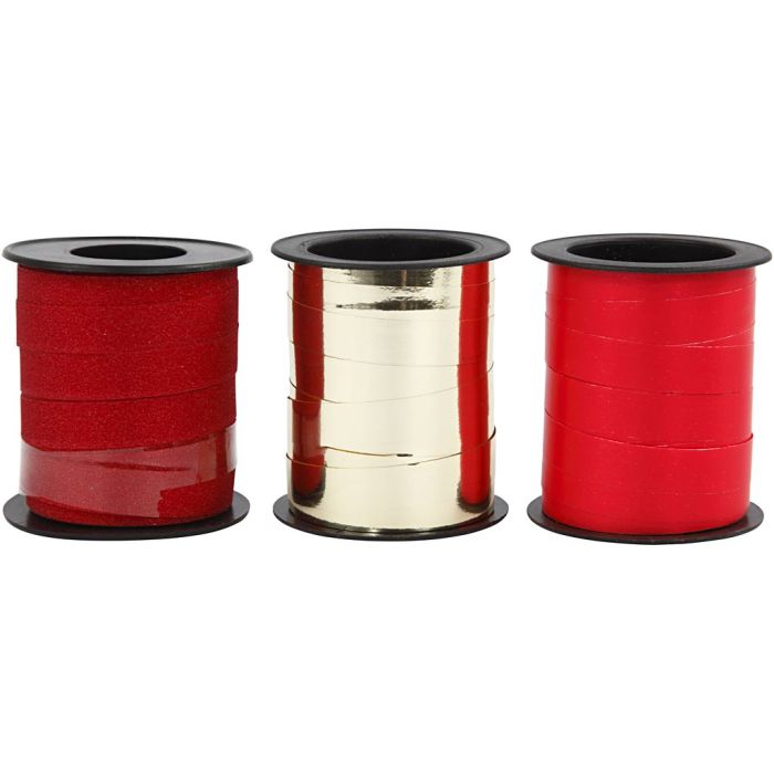 Cadeaulint, B: 10 mm, goud, rood, rood glitter, 3x15 m/ 1 doos