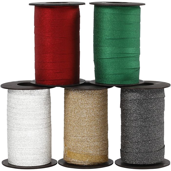 Cadeaulint, B: 10 mm, glitter, diverse kleuren, 5x100 m/ 1 doos