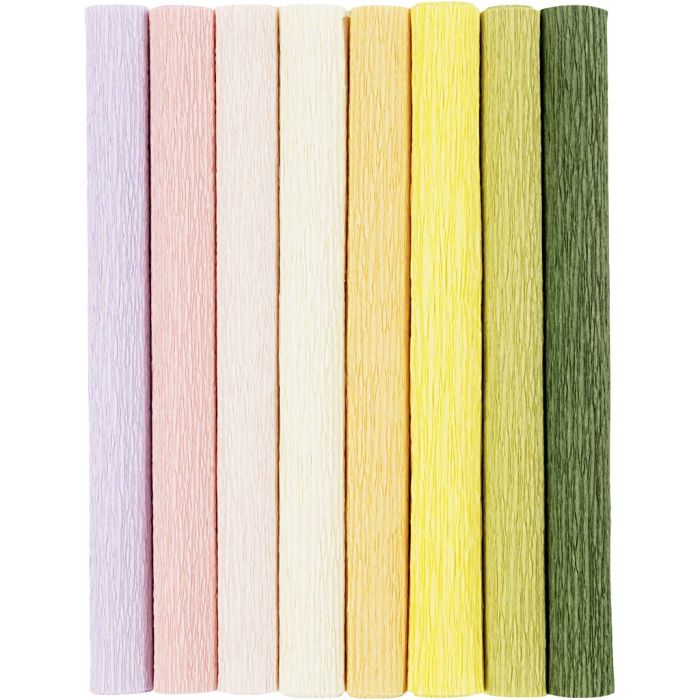 Crêpepapier, vel 25x60 cm, Crêpe-verhouding: 180%, 105 gr, pastelkleuren, 8 vel/ 1 doos