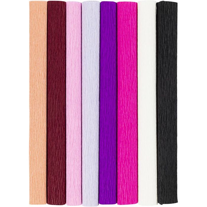 Crêpepapier, vel 25x60 cm, Crêpe-verhouding: 180%, 105 gr, paars/roze harmonie, 8 vel/ 1 doos
