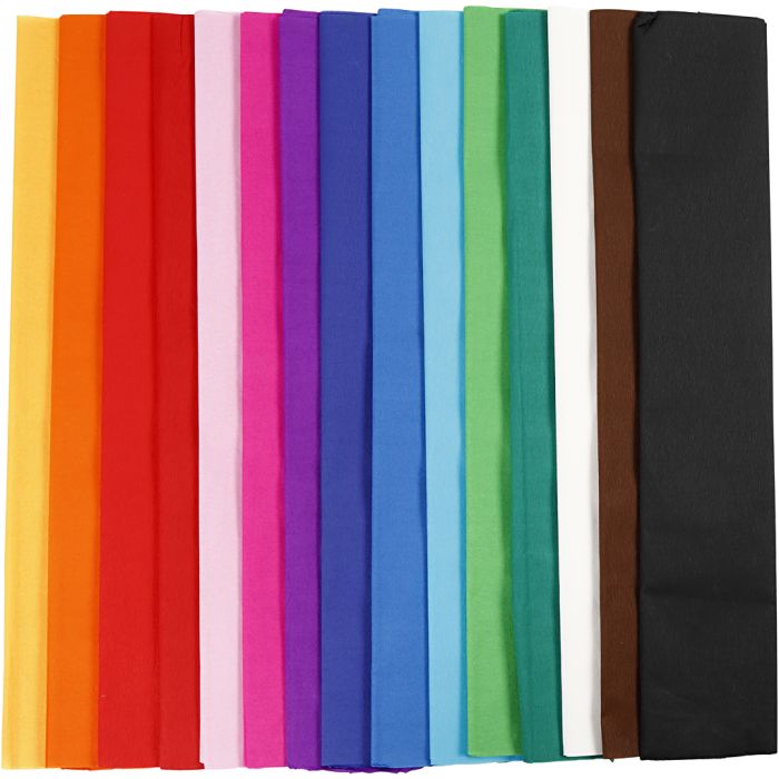 Crepepapier, L: 2,5 m, B: 50 cm, 22 gr, diverse kleuren, 15 vouw/ 1 doos