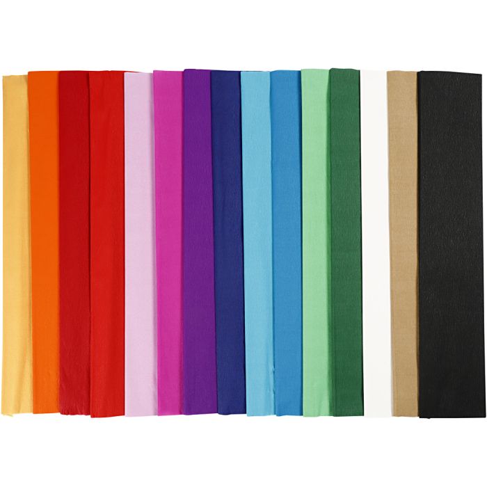Crepepapier, L: 2,5 m, B: 50 cm, 22 gr, diverse kleuren, 4x15 vouw/ 1 doos