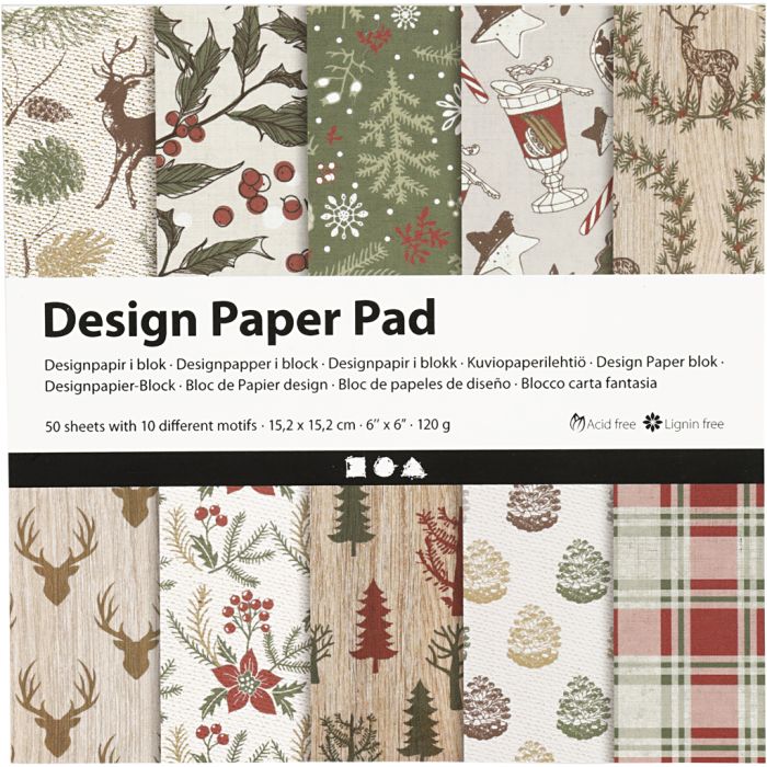 Pad van design papier, vel 15,2x15,2 cm, Kerst, 120 gr, beige, rood, 50 vel/ 1 doos