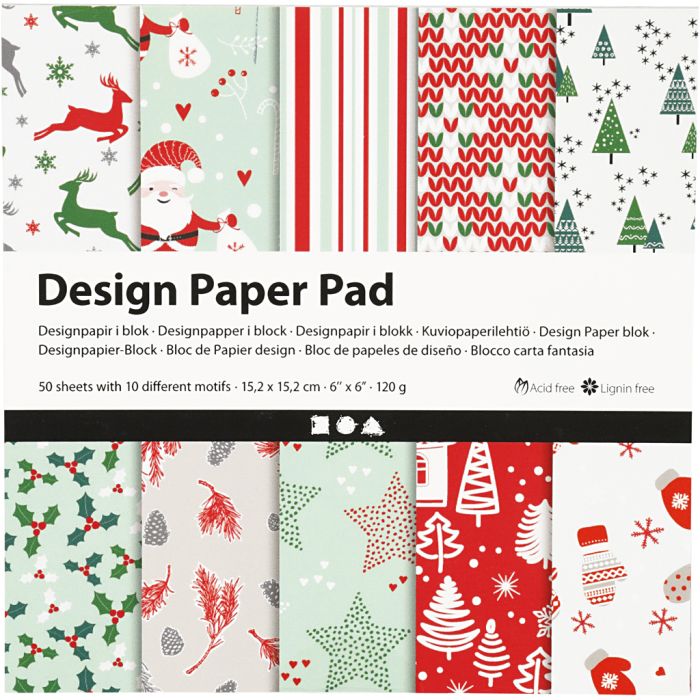 Pad van design papier, vel 15,2x15,2 cm, Kerst, 120 gr, groen, rood, wit, 50 vel/ 1 doos