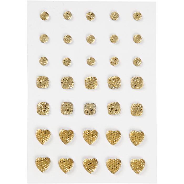 Strasstenen, rond, vierkant, hart, afm 6+8+10 mm, goud, 35 stuk/ 1 doos