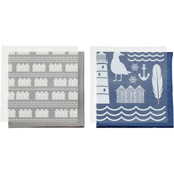 Deco folie en transfervel, vuurtoren, vel 15x15 cm, blauw, zilver, 2x2 vel/ 1 doos