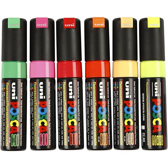 Posca Marker, afm PC-8K, lijndikte 8 mm, breed, semi-dekkend, diverse kleuren, 6 stuk/ 1 doos