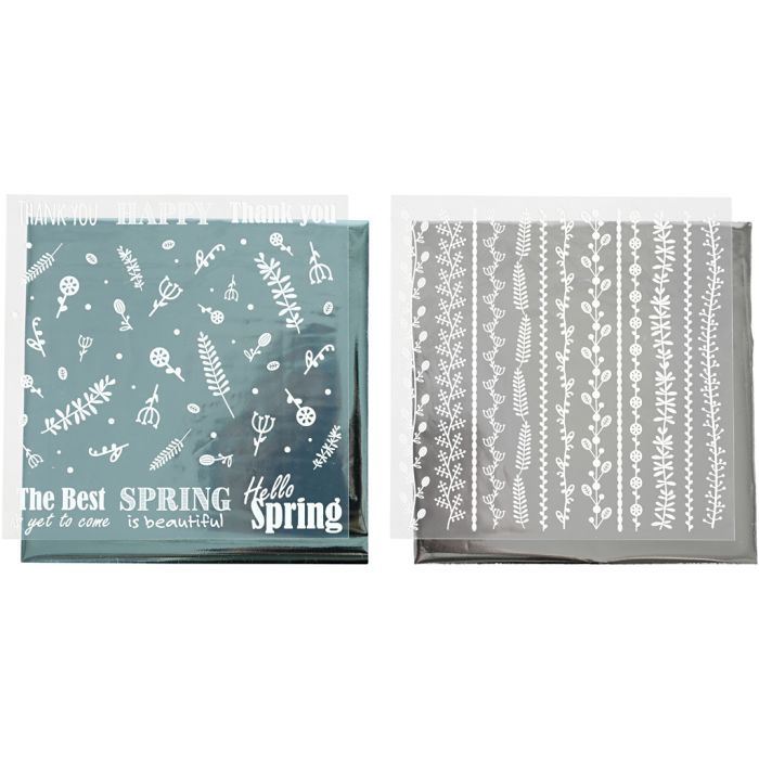 Deco folie en transfervel, Lente bloemen, vel 15x15 cm, zilver, turquoise, 2x2 vel/ 1 doos