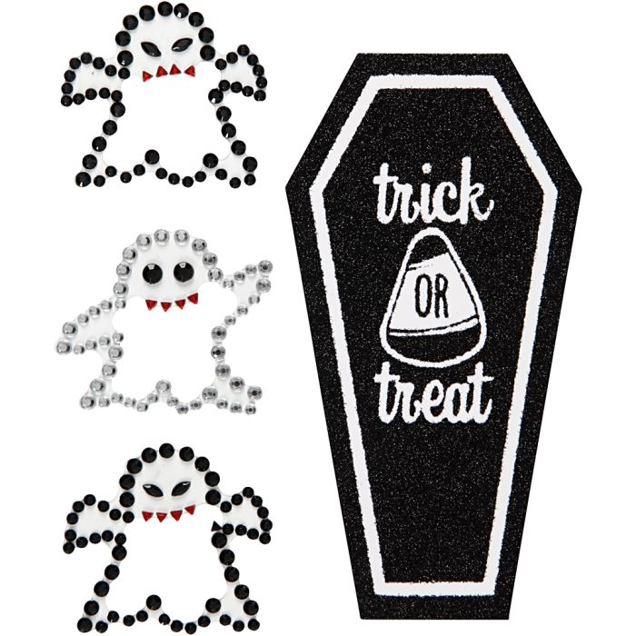 Stickers met strasstenen, spoken en kist, vel 14x17 cm, 1 vel