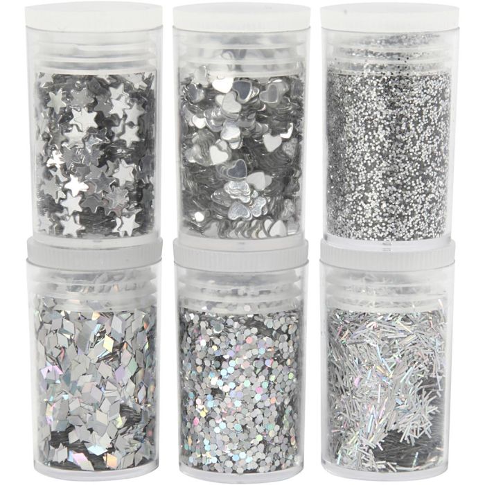 Bio Sparkles & Sequins, zilver, 6x7 ml/ 1 doos