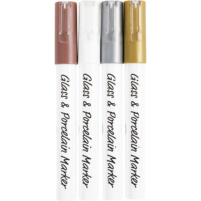 Glas- & Porseleinstiften, lijndikte 1-2 mm, semi-dekkend, bruin, goud, zilver, wit, 4 stuk/ 1 doos