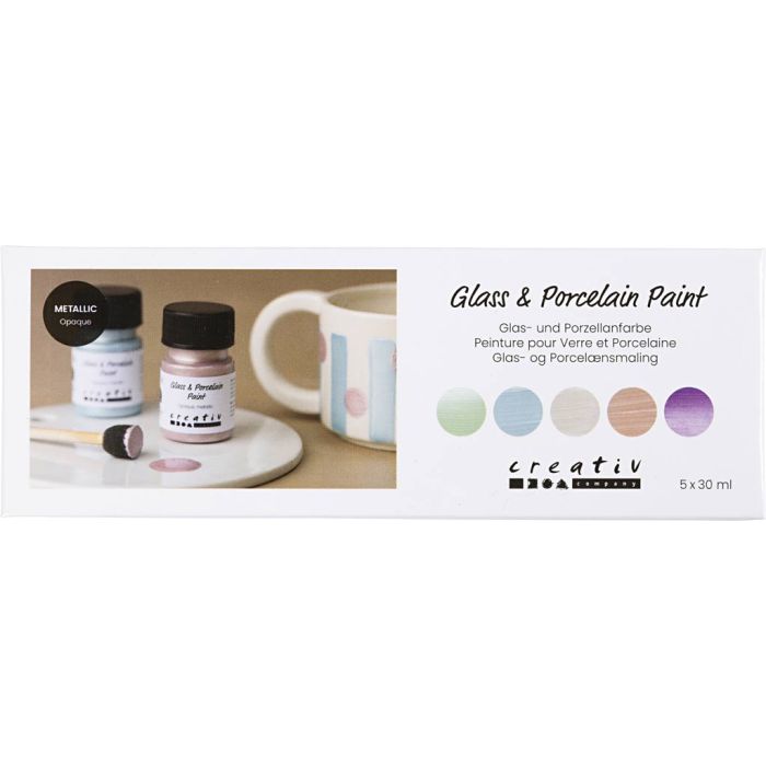 Glas en porselein schilderen, metallic, dekkend, pastelkleuren, 5x30 ml/ 1 doos
