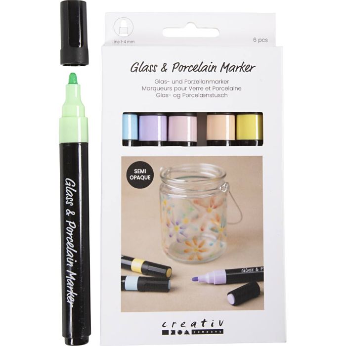 Glas- en porseleinstiften, lijndikte 1-4 mm, semi-dekkend, pastelkleuren, 6 stuk/ 1 doos