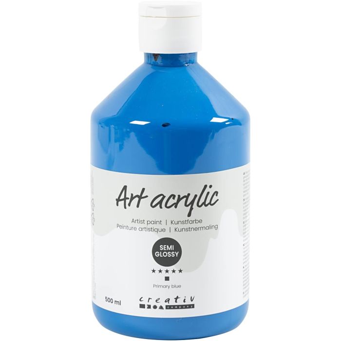 Acryl Verf, semi-glanzend, dekkend, primair blauw, 500 ml/ 1 fles