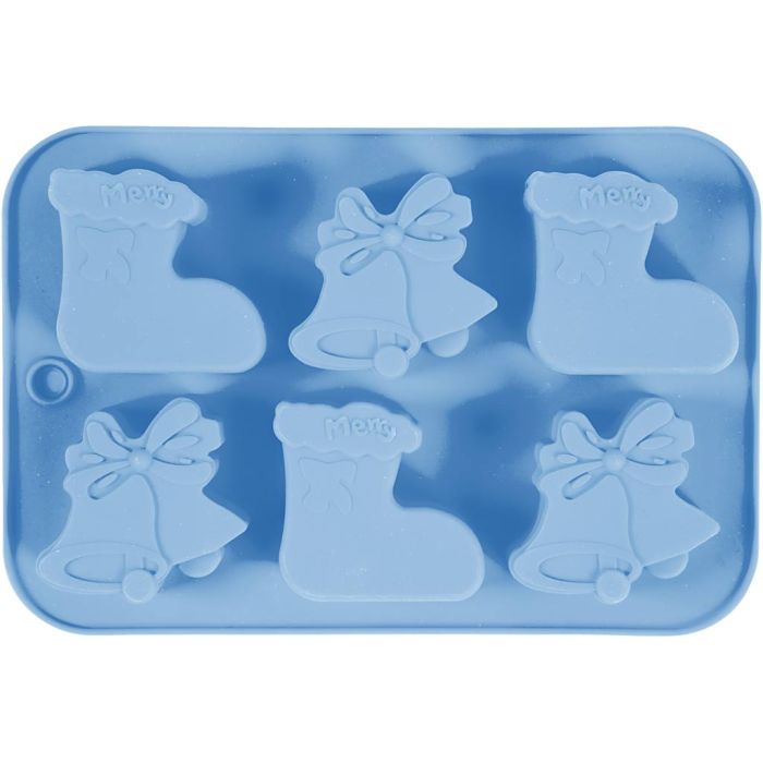 Siliconen vormen, Kerstsokken en bellen, H: 2,5 cm, L: 6 cm, B: 7,5 cm, 12,5 ml, 1 stuk