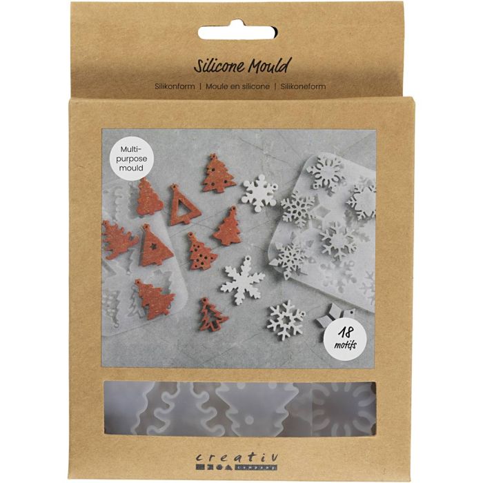 Siliconen vormen, Sneeuwvlokken en kerstbomen, H: 0,3 cm, B: 3,5+4,7 cm, met gat om op te hangen, mat transparant, 2 stuk/ 1 stuk