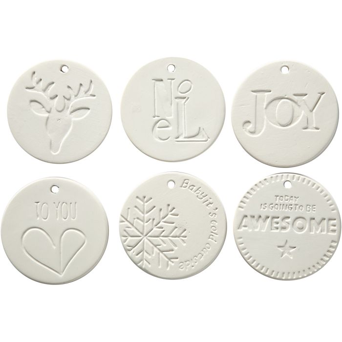 Ornamenten om te hangen, afm 7x7 cm, dikte 0,6 cm, wit, 6 stuk/ 1 doos