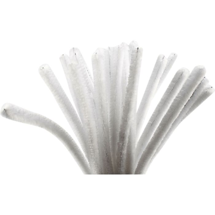 Chenille, L: 30 cm, dikte 9 mm, wit, 25 stuk/ 1 doos